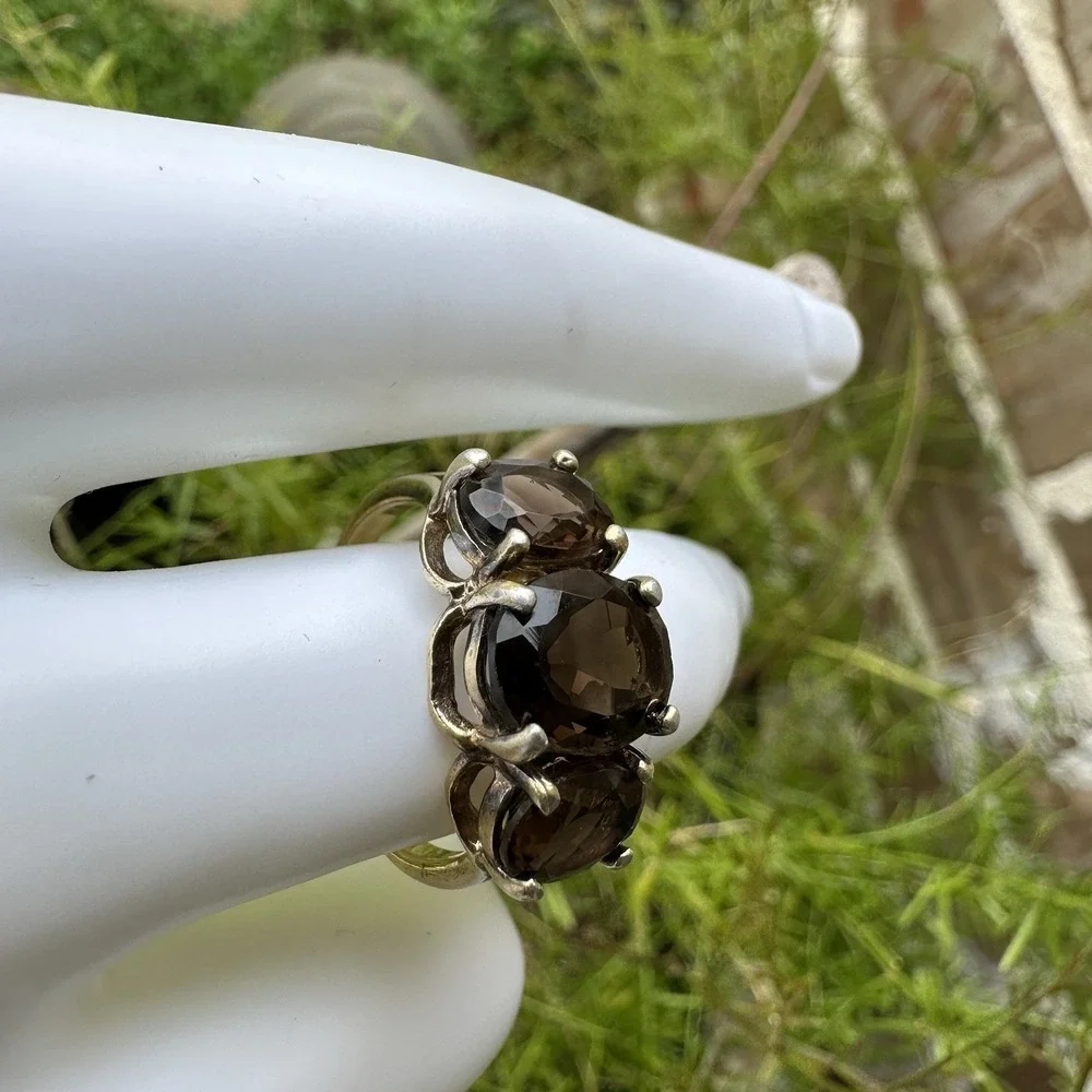 SETA  Accent Ring Size‎ 8 Triple Smoky Quartz Gems Gold Plated 925 Sterling 4.4g